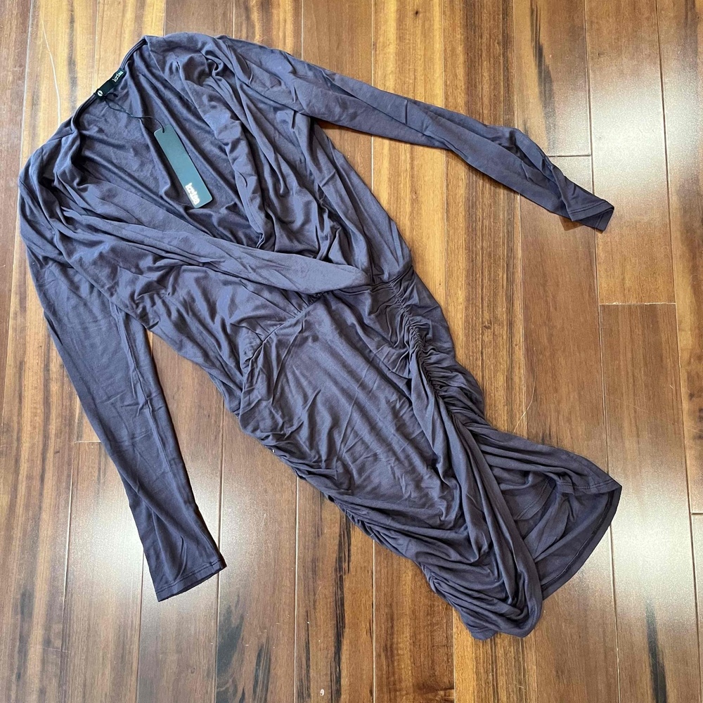 Revolve Krisa Ruche Dress Long Sleeve Plum Purple  V-Neck Stretch New NWT Sz‎ XS